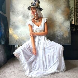 Designer White Maxi Dress Boho Upcycled 100% Cotton Magnolia/Rose Pin Pearl Belt